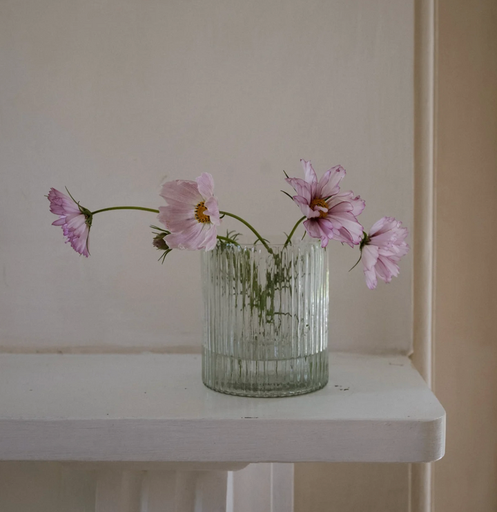 A wide hand-blown ribbed glass vase containing pink flowers, placed on a white surface with a plain background.
