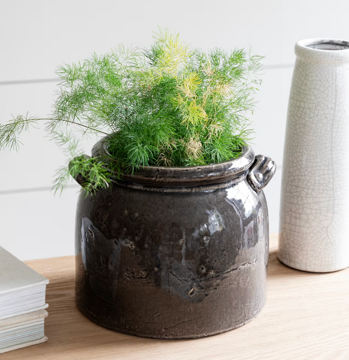 Ravello Crackle Glaze Pot With Handles - Charcoal Grey