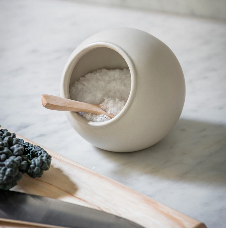 Salt Cellar With Wooden Spoon -  Chalk White