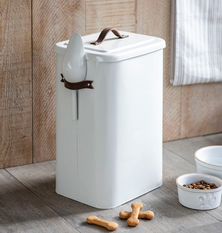 Large Pet Food Bin With Leather Handle - Chalk White