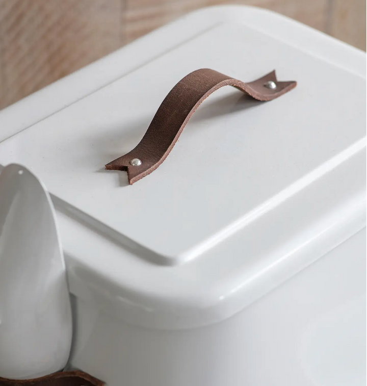 Large Pet Food Bin With Leather Handle - Chalk White