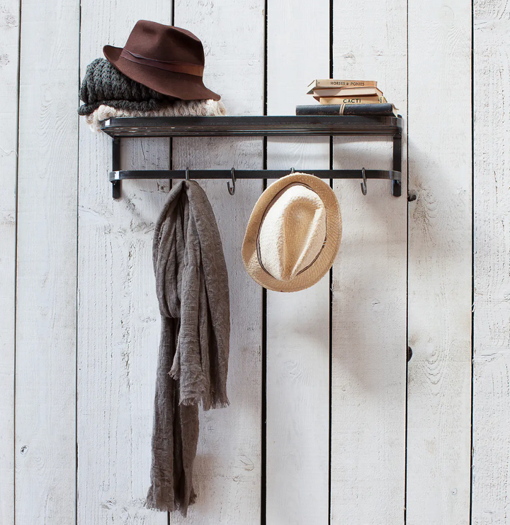 Railway Carriage Style Shelf With Hooks - Dark Grey