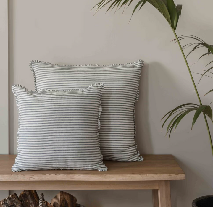 Striped Frilled Cushion - Beige & Ink - 60x60cm