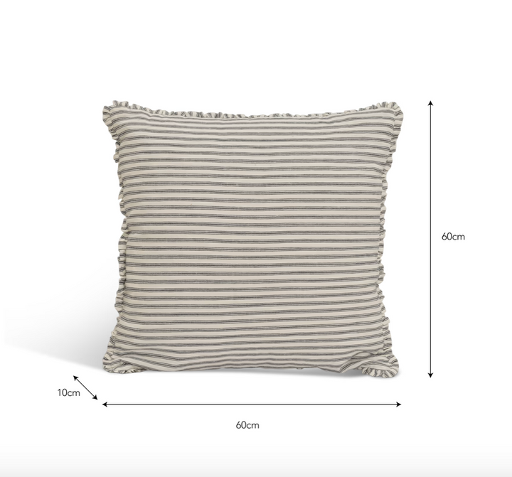 Striped Frilled Cushion - Beige & Ink - 60x60cm