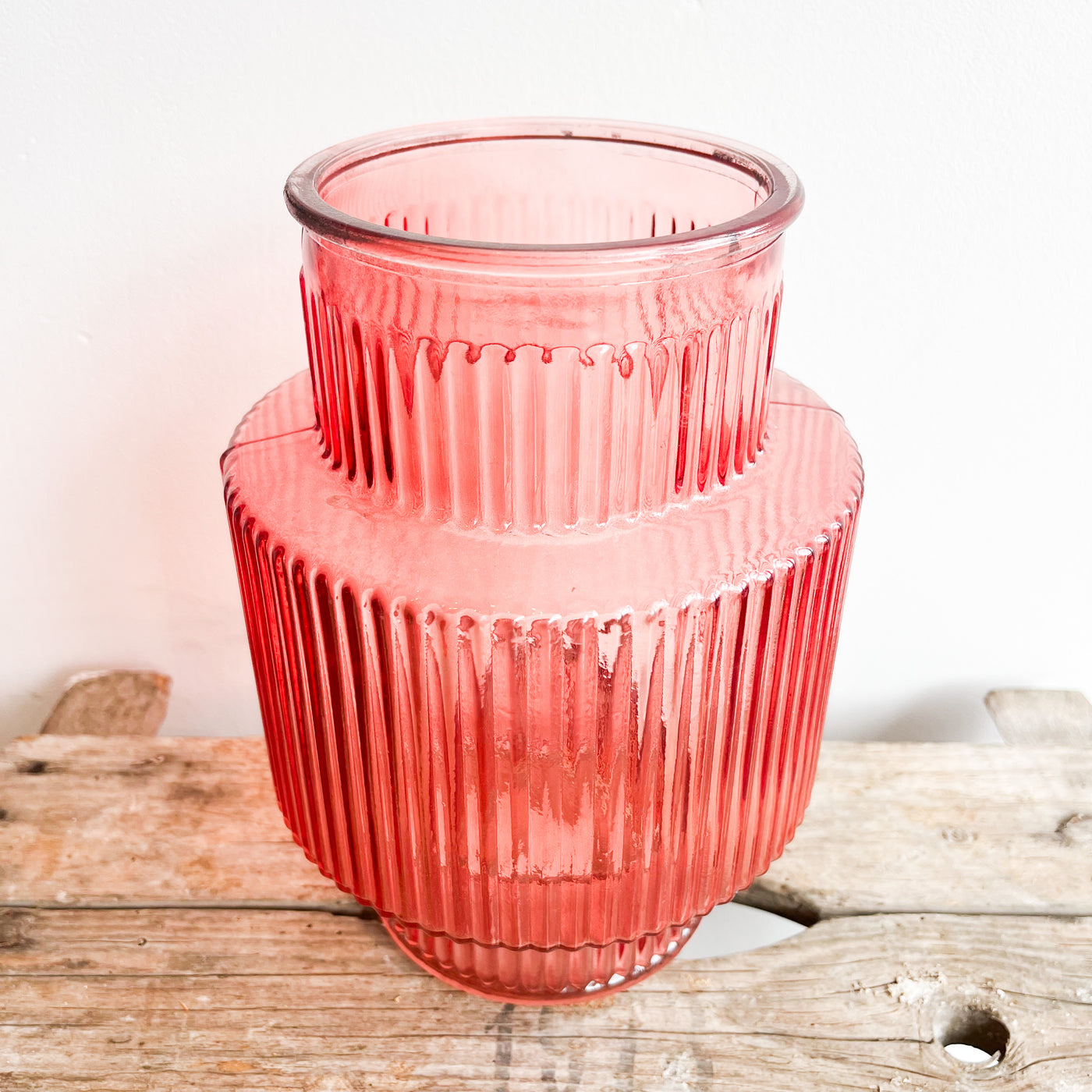 70’s Style Ribbed Glass Vase - Coral - H21cm