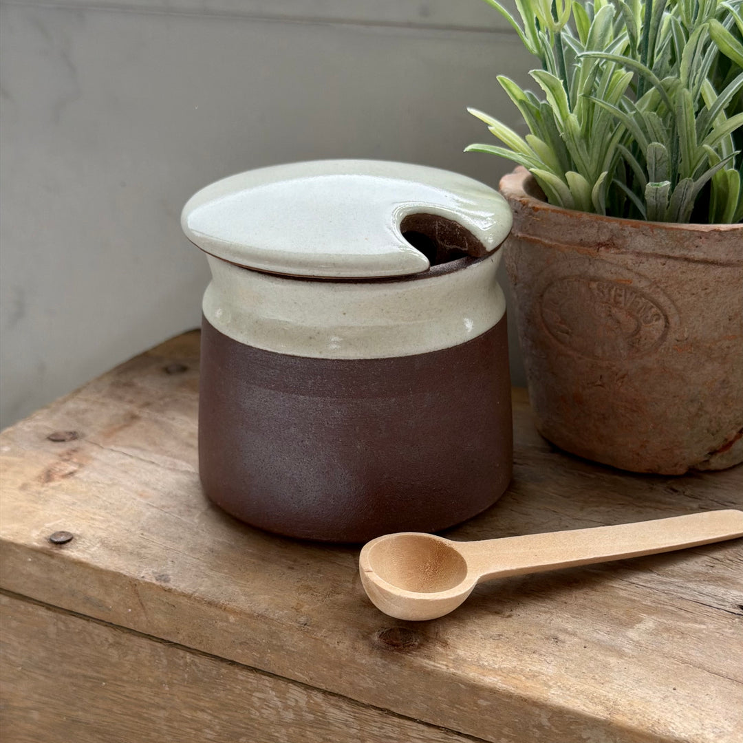 Stoneware Sugar Pot With Wooden Spoon In White