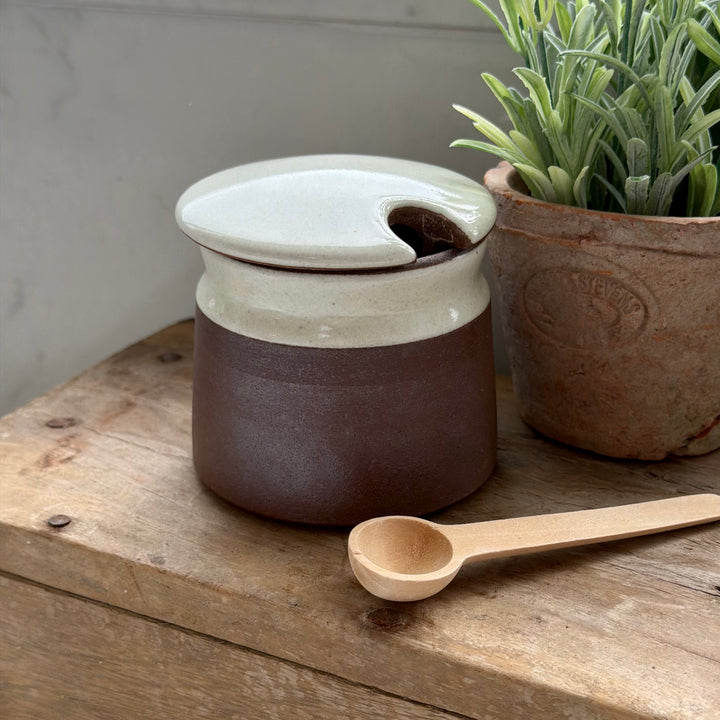 Stoneware Sugar Pot With Wooden Spoon In White