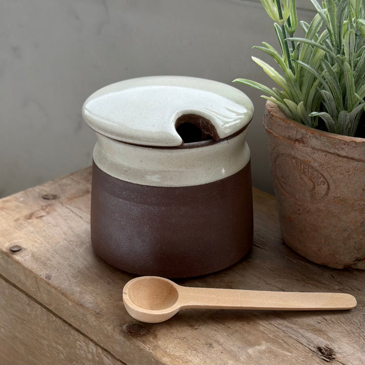 Stoneware Sugar Pot With Wooden Spoon In White