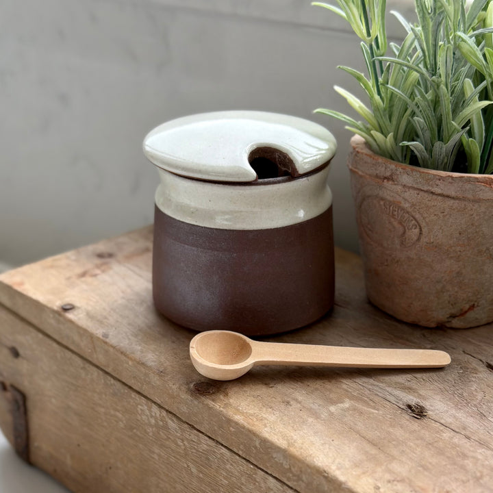 Stoneware Sugar Pot With Wooden Spoon In White