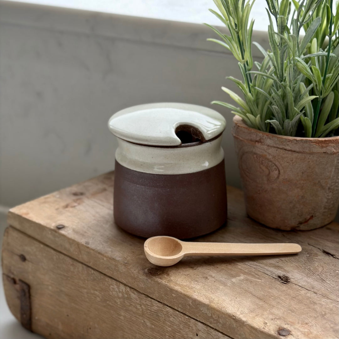 Stoneware Sugar Pot With Wooden Spoon In White