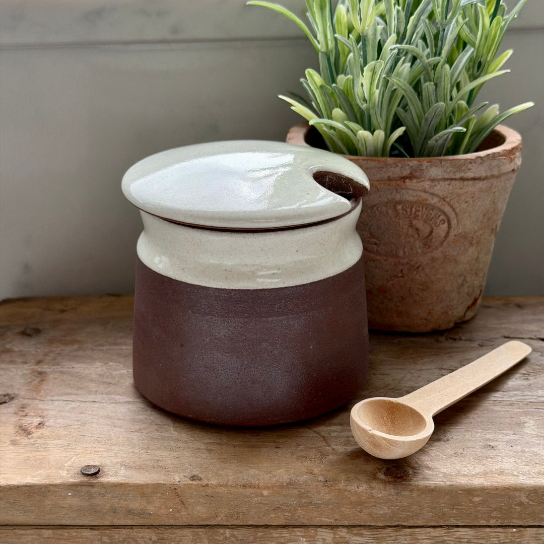 Stoneware Sugar Pot With Wooden Spoon In White
