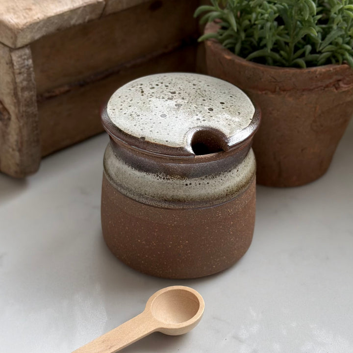 Stoneware Sugar Pot With Wooden Spoon In Tawny