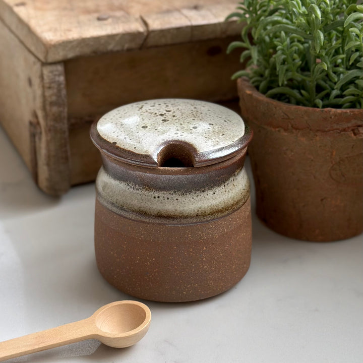 Stoneware Sugar Pot With Wooden Spoon In Tawny