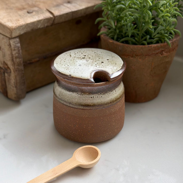 Stoneware Sugar Pot With Wooden Spoon In Tawny