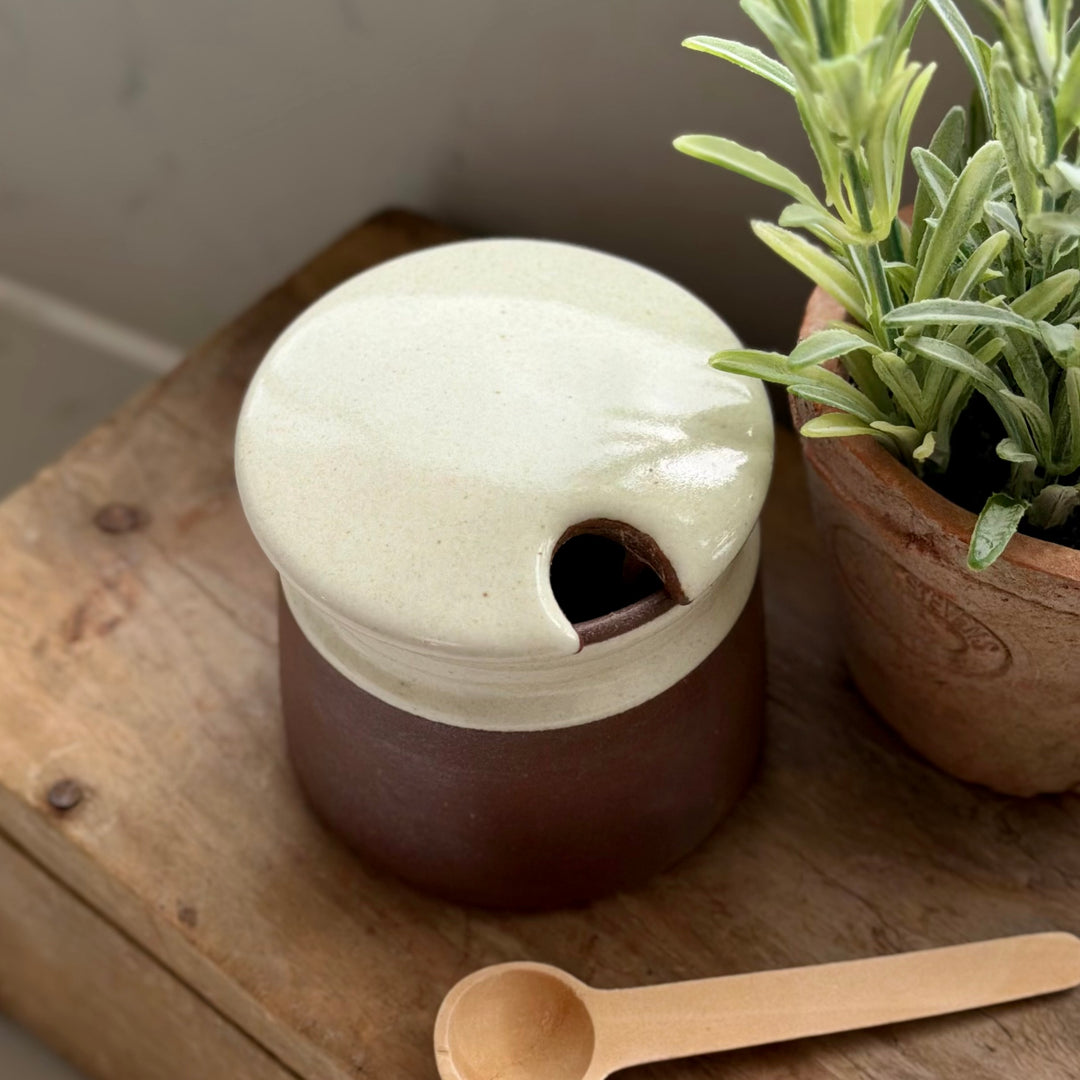 Stoneware Sugar Pot With Wooden Spoon In White