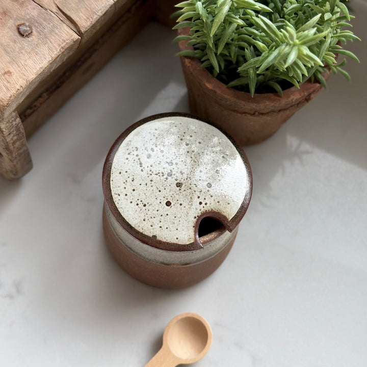 Stoneware Sugar Pot With Wooden Spoon In Tawny