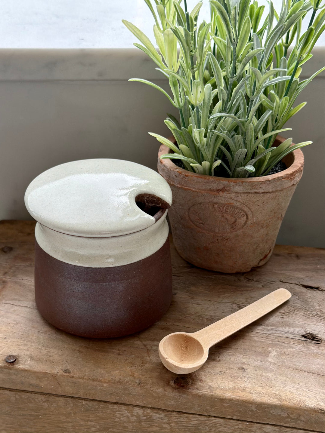 Stoneware Sugar Pot With Wooden Spoon In White