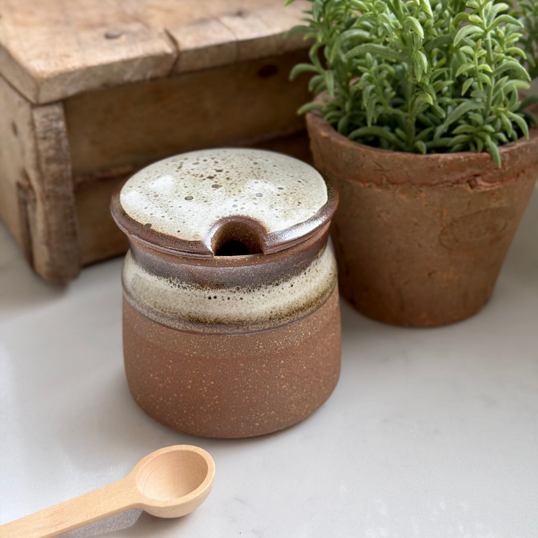 Stoneware Sugar Pot With Wooden Spoon In Tawny