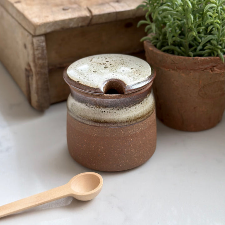 Stoneware Sugar Pot With Wooden Spoon In Tawny