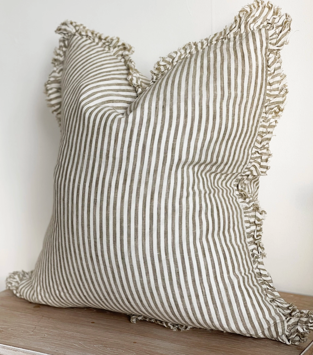 Ellenvale - Ruffled Linen Cushion Cover - Olive Stripe