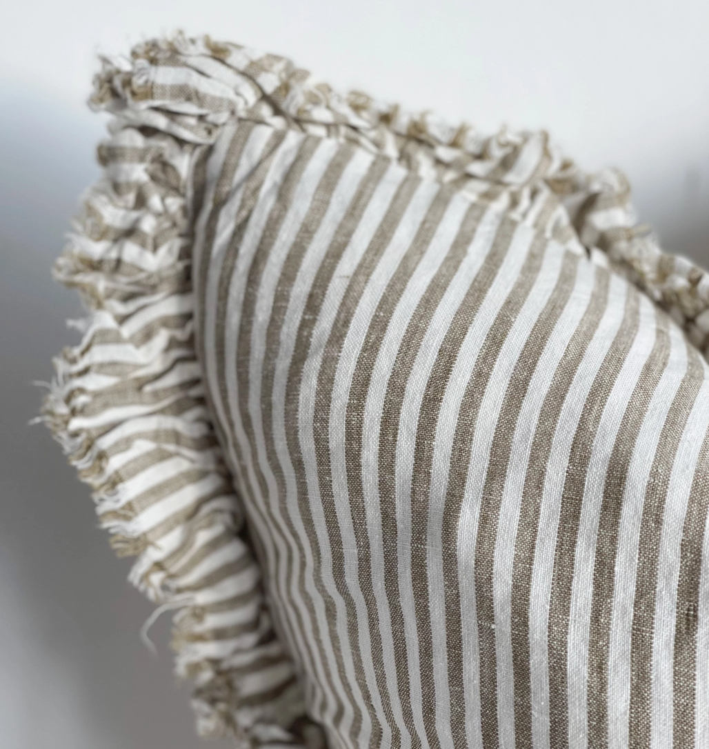 Ellenvale - Ruffled Linen Cushion Cover - Olive Stripe