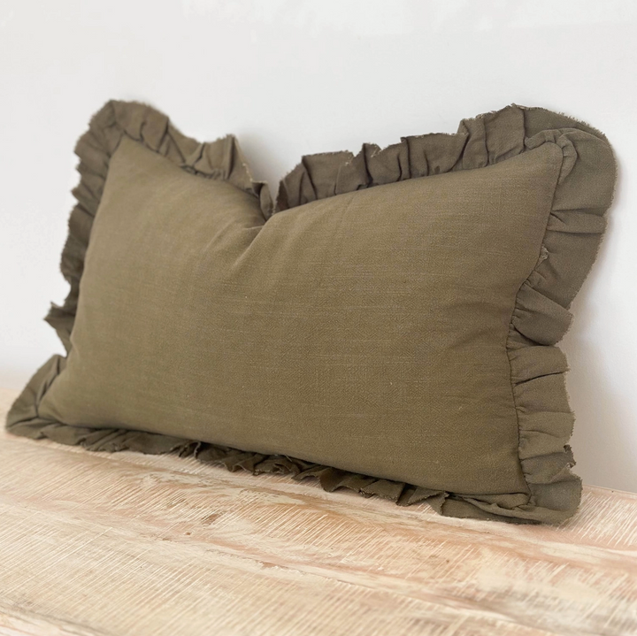 Ellenvale - Ruffled Linen Cushion Cover - Olive