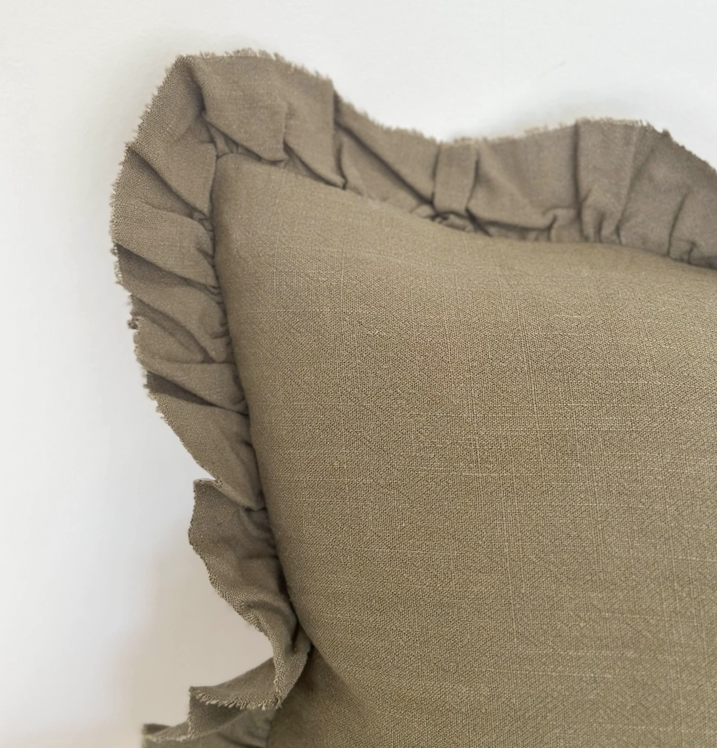 Ellenvale - Ruffled Linen Cushion Cover - Olive