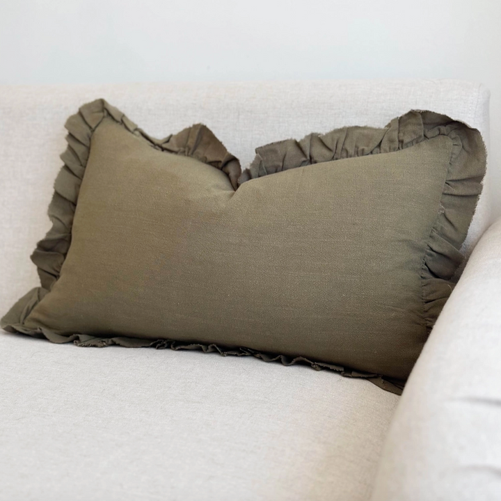 Ellenvale - Ruffled Linen Cushion Cover - Olive