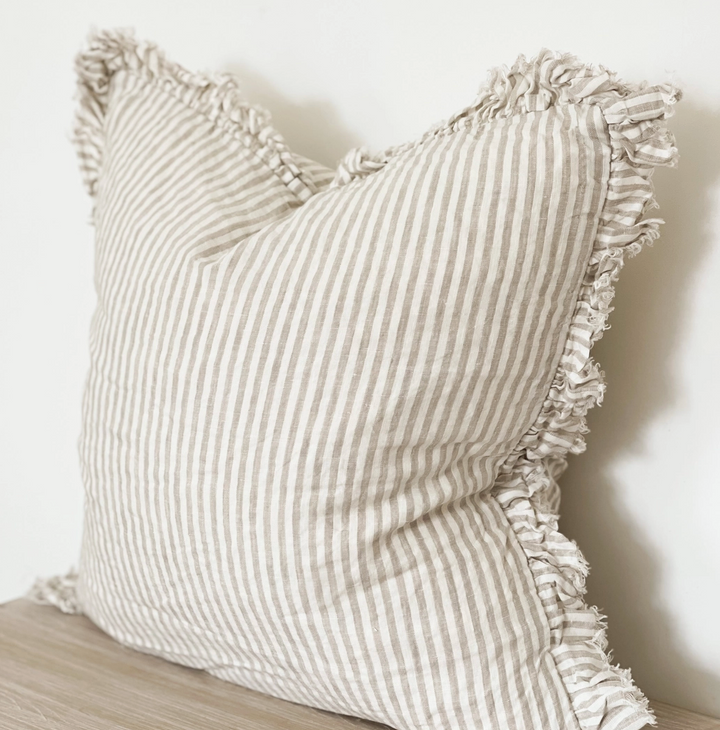 Ellenvale - Ruffled Linen Cushion Cover - Beige Stripe