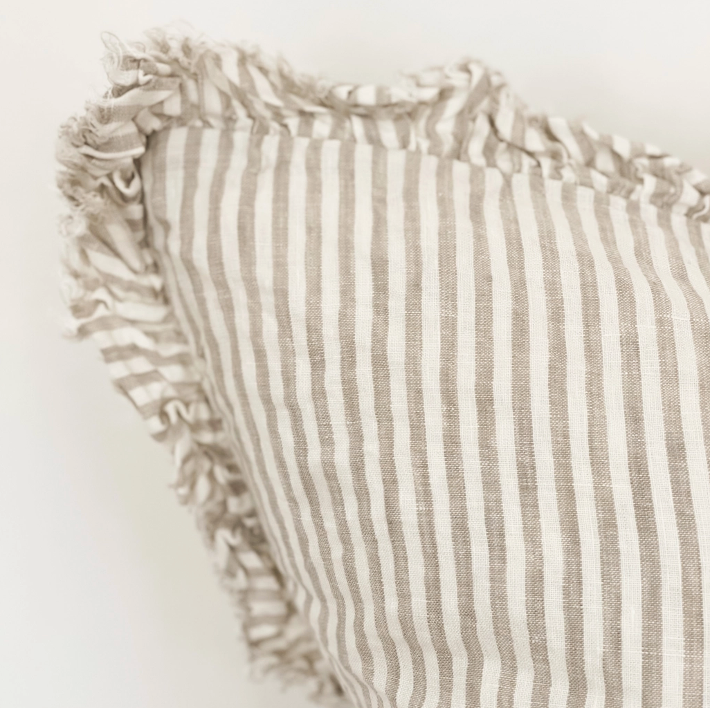 Ellenvale - Ruffled Linen Cushion Cover - Beige Stripe