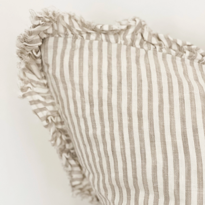 Ellenvale - Ruffled Linen Cushion Cover - Beige Stripe