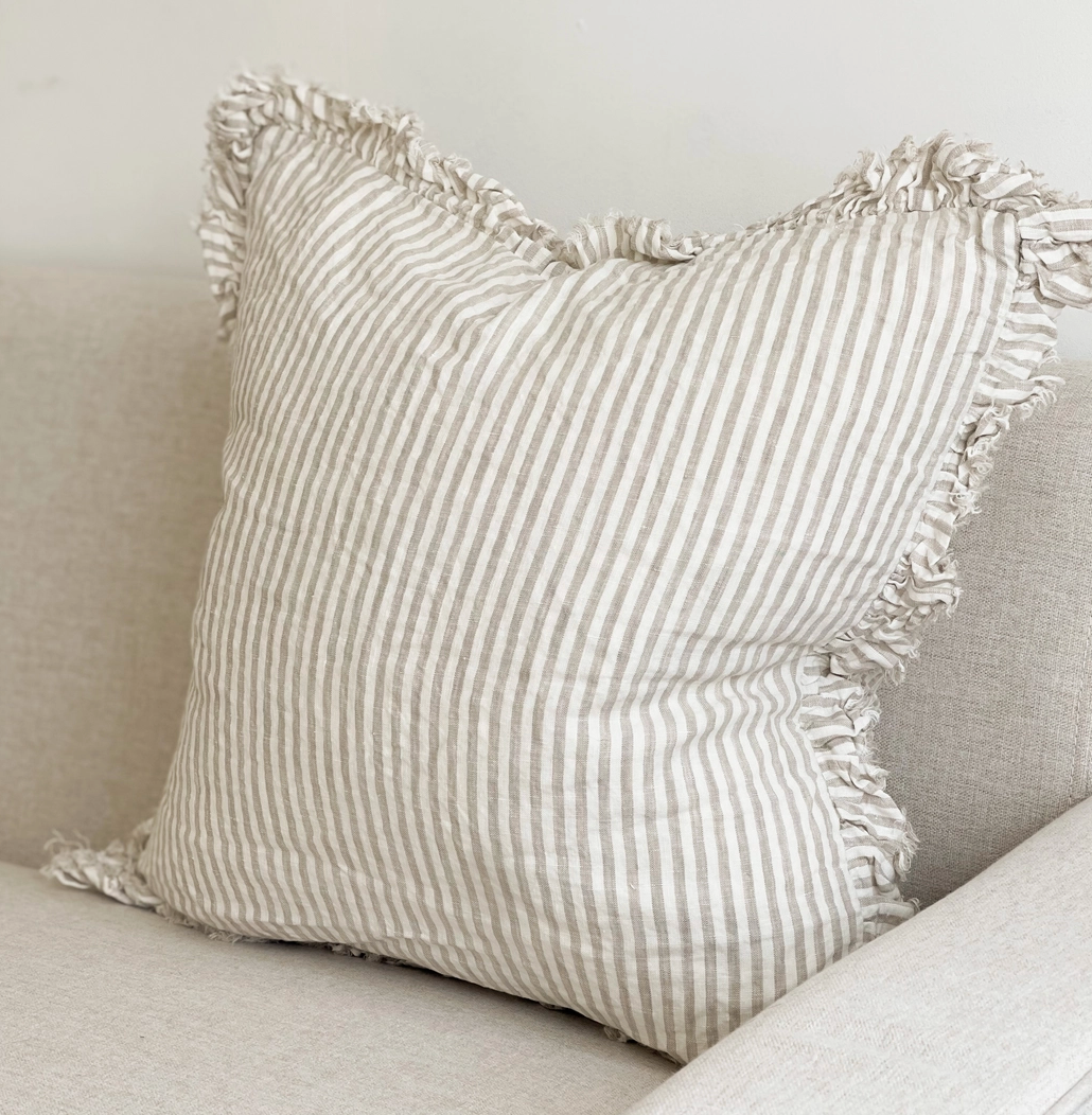 Ellenvale - Ruffled Linen Cushion Cover - Beige Stripe