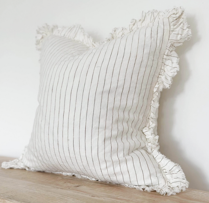 Ellenvale - Ruffled Linen Cushion Cover - Cream & Olive Stripe