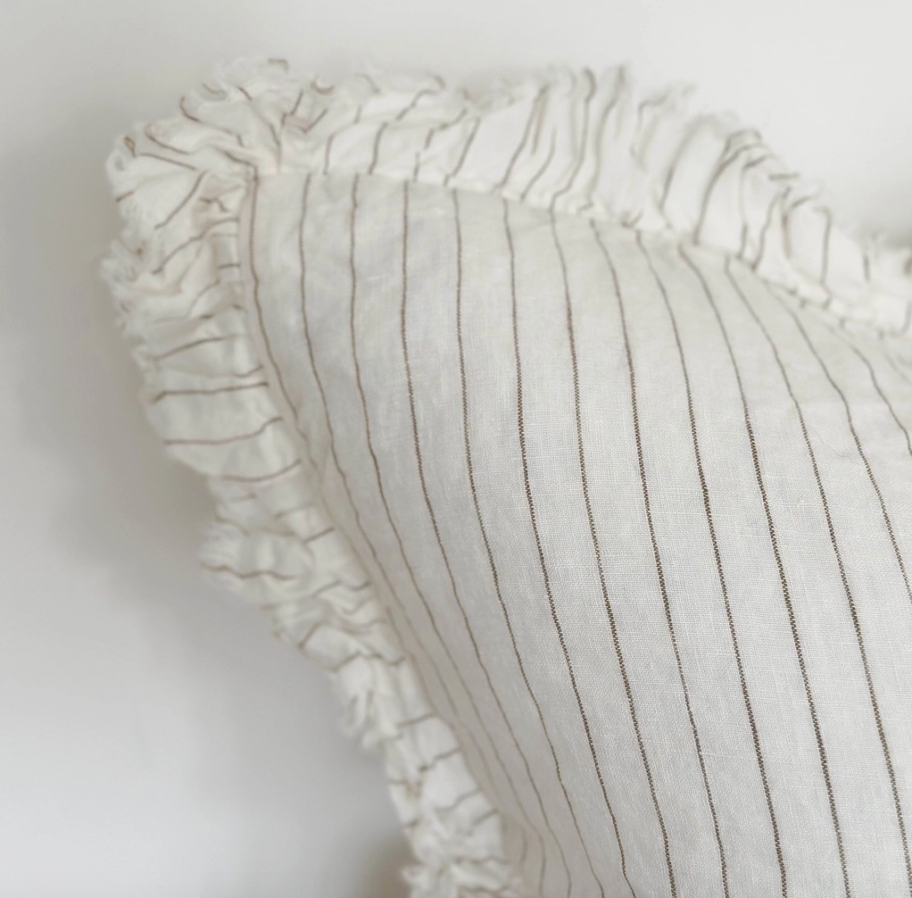 Ellenvale - Ruffled Linen Cushion Cover - Cream & Olive Stripe