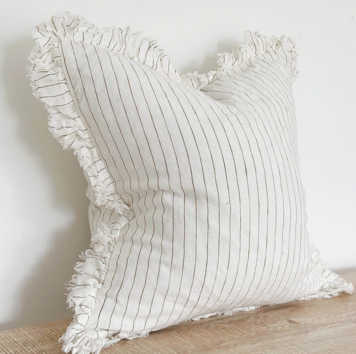 Ellenvale - Ruffled Linen Cushion Cover - Cream & Olive Stripe