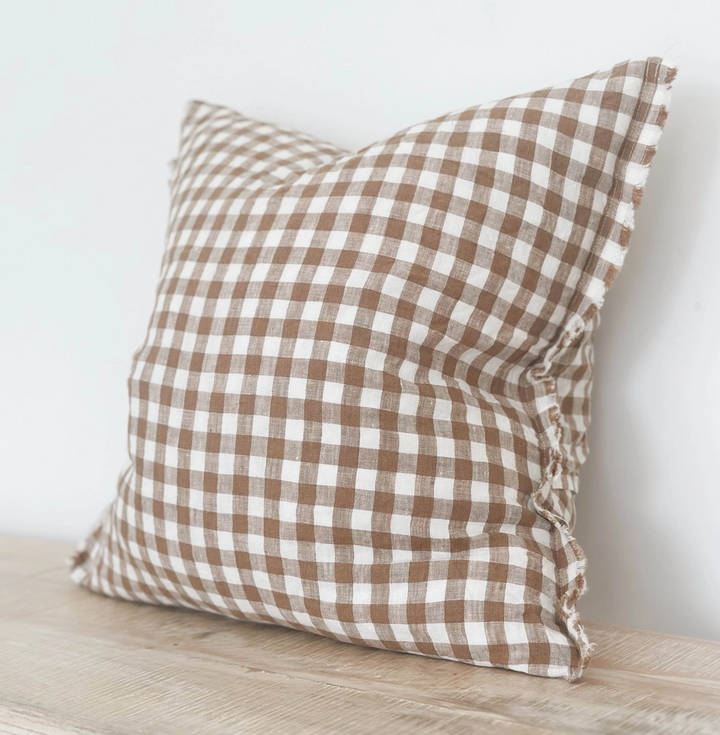 Ellenvale - Ruffled Linen Cushion Cover - Brown Gingham