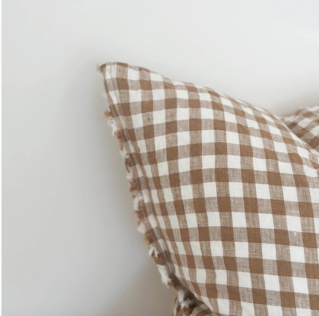 Ellenvale - Ruffled Linen Cushion Cover - Brown Gingham