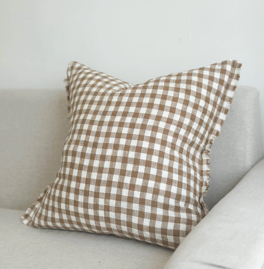 Ellenvale - Ruffled Linen Cushion Cover - Brown Gingham