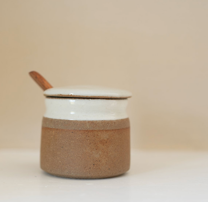 Stoneware Sugar Pot With Wooden Spoon In White