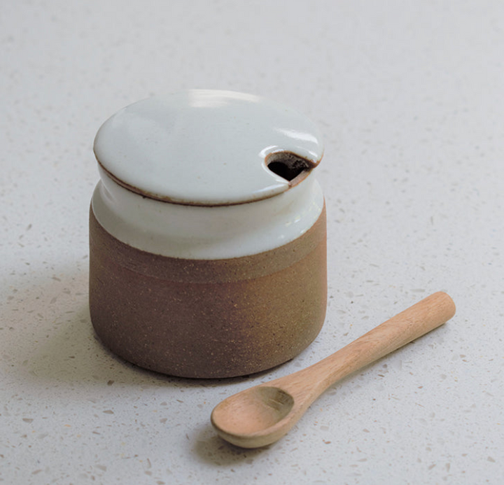 Stoneware Sugar Pot With Wooden Spoon In White