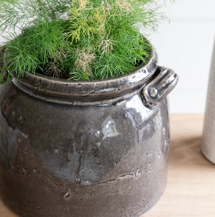 Ravello Crackle Glaze Pot With Handles - Charcoal Grey