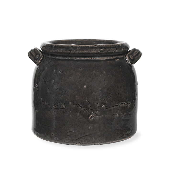 Ravello Crackle Glaze Pot With Handles - Charcoal Grey