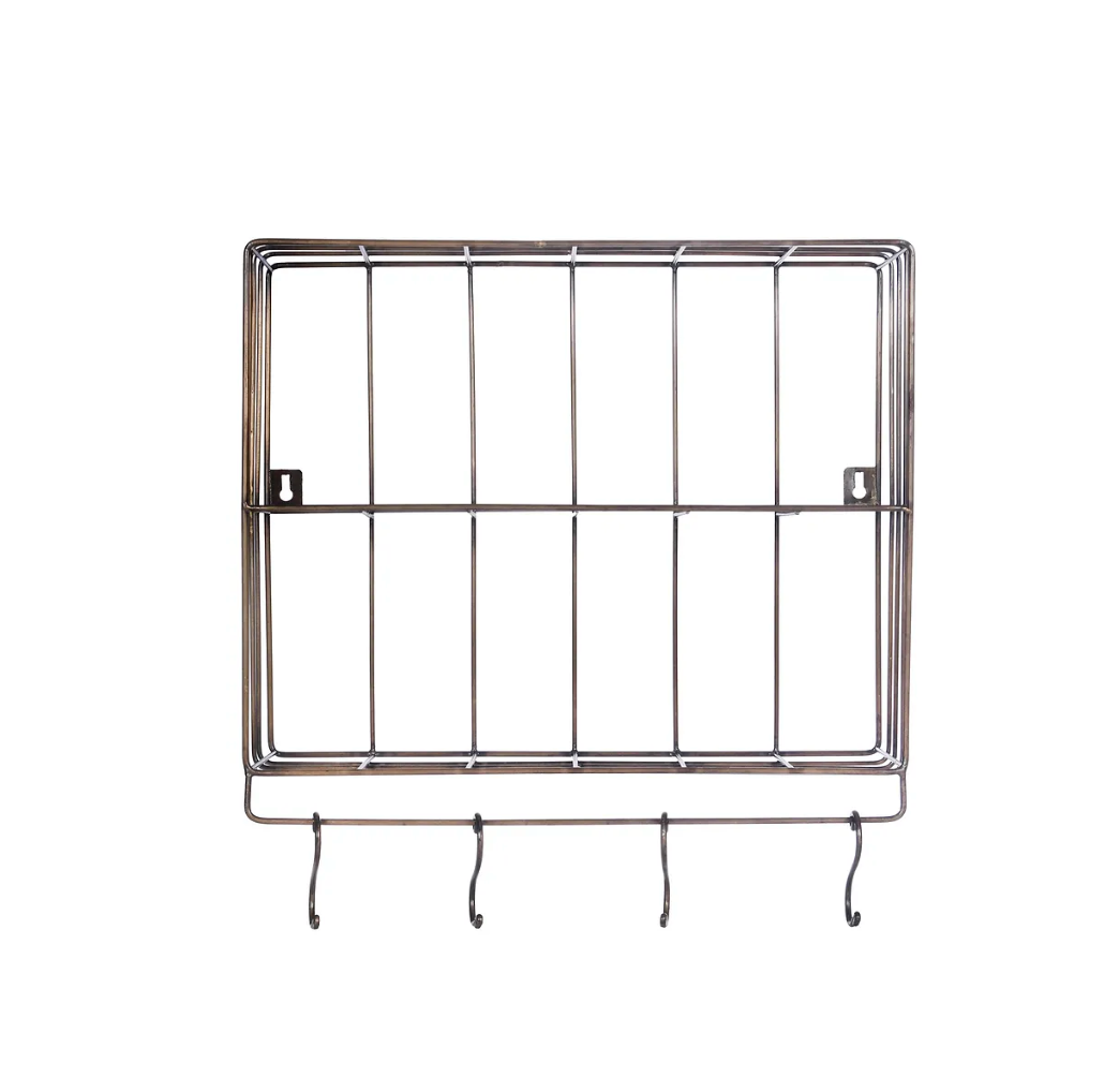 Metal Wall Rack With Hooks - Antique Brass