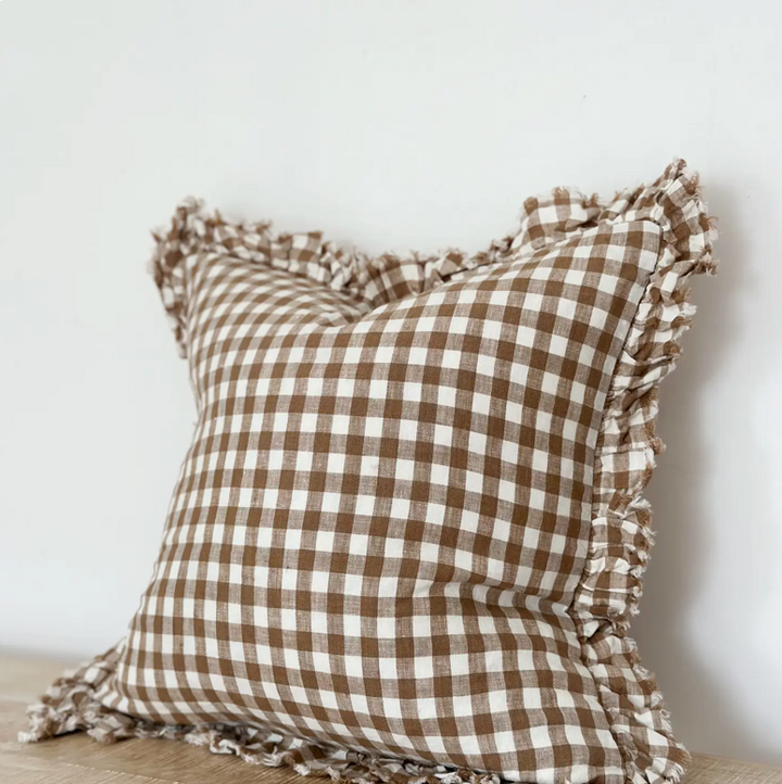 Ellenvale - Ruffled Linen Cushion Cover - Brown Gingham