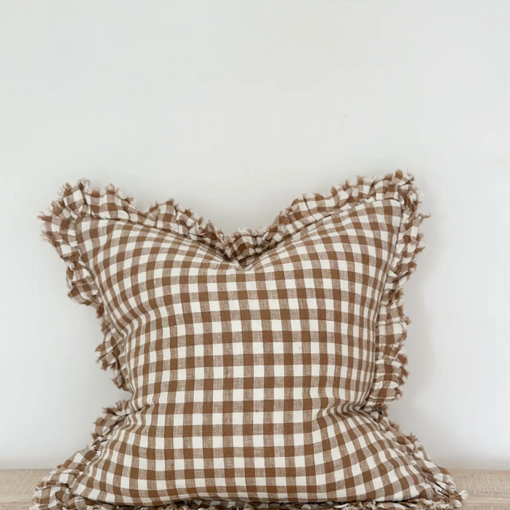 Ellenvale - Ruffled Linen Cushion Cover - Brown Gingham