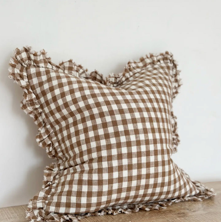Ellenvale - Ruffled Linen Cushion Cover - Brown Gingham