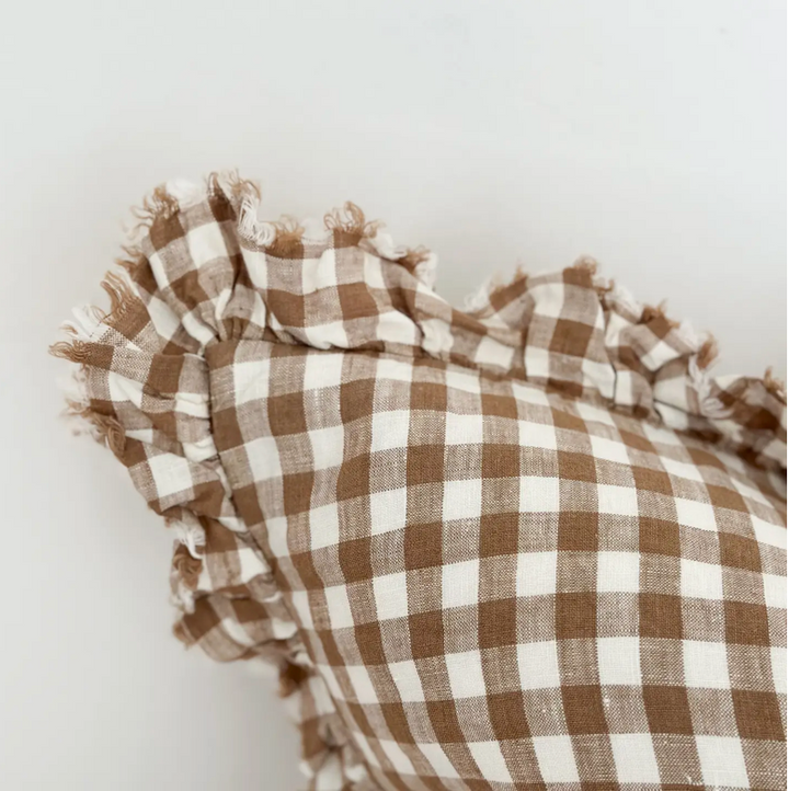 Ellenvale - Ruffled Linen Cushion Cover - Brown Gingham