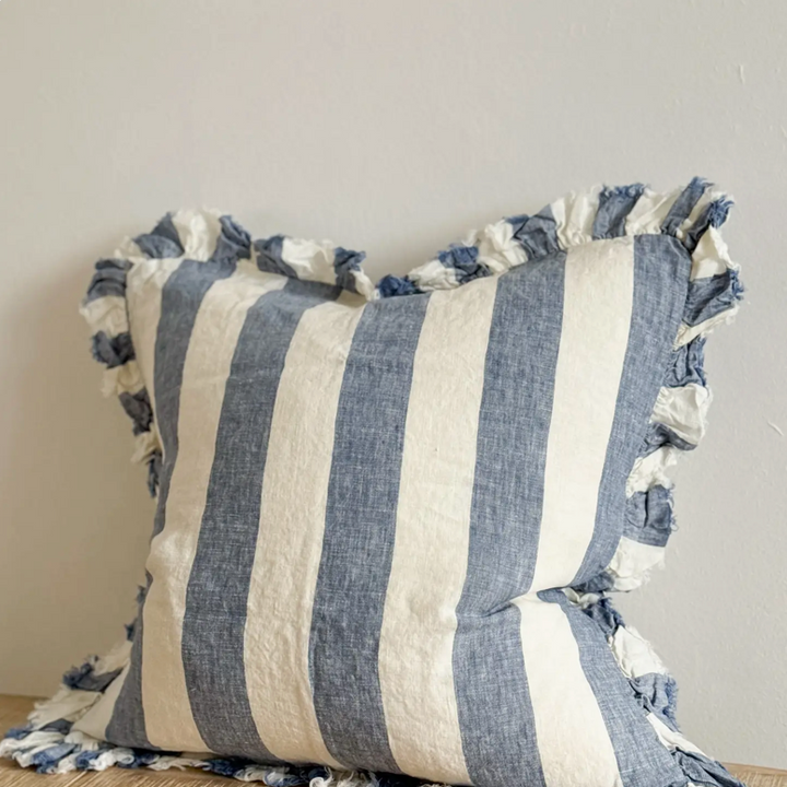 Ellenvale - Ruffled Linen Cushion Cover - Blue Wide Stripe