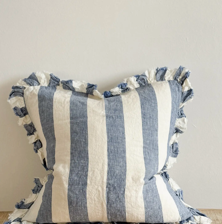 Ellenvale - Ruffled Linen Cushion Cover - Blue Wide Stripe