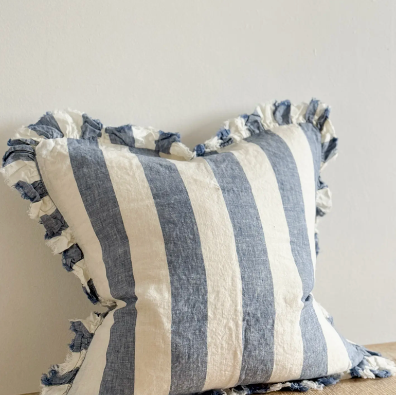 Ellenvale - Ruffled Linen Cushion Cover - Blue Wide Stripe